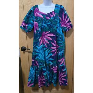 Hilo Hattie Tropical Print Cotton Dress L Made In Hawaii Vibrant Color Luau MuuM
